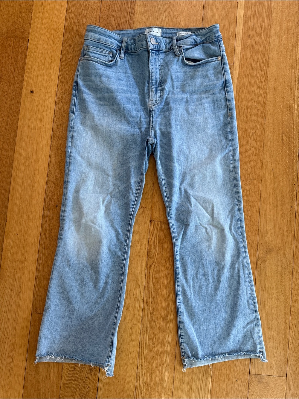 Frame Light Blue Women’s  Stretch High Waisted Jeans with Slight Flare at Bottom